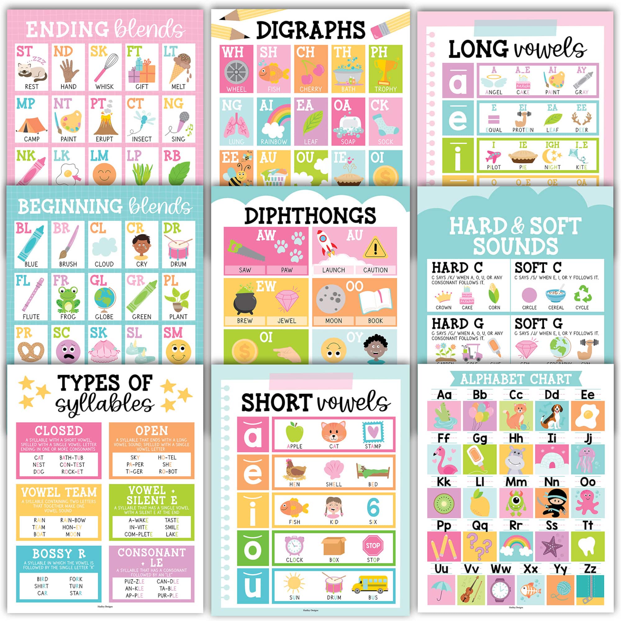 Hadley Designs 11" x 14" Colorful Sound Wall Phonics and Vowels English Posters Set